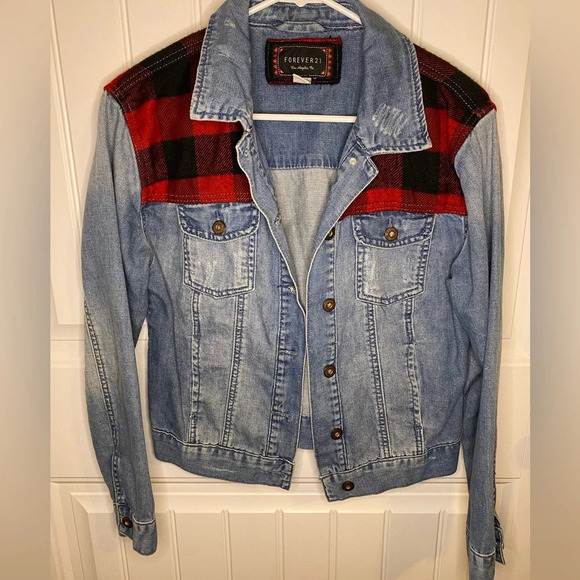 Forever 21 Buffalo Plaid Distressed Denim Jacket - Picture 2 of 4